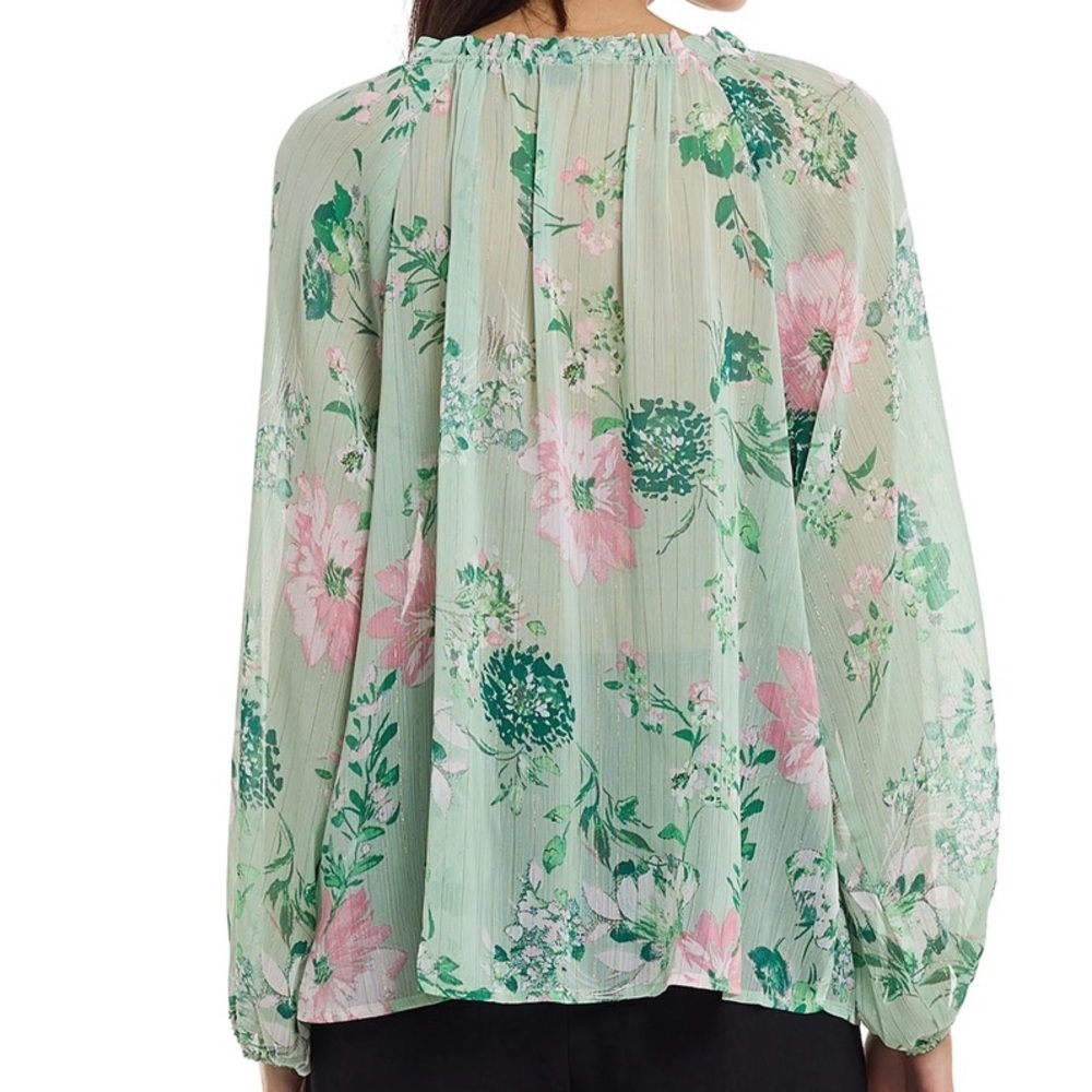 Zara Floral Sheer Blouse in Mint Green & Pink Ruffle Collar with Tie Flowy Fit - Picture 3 of 16